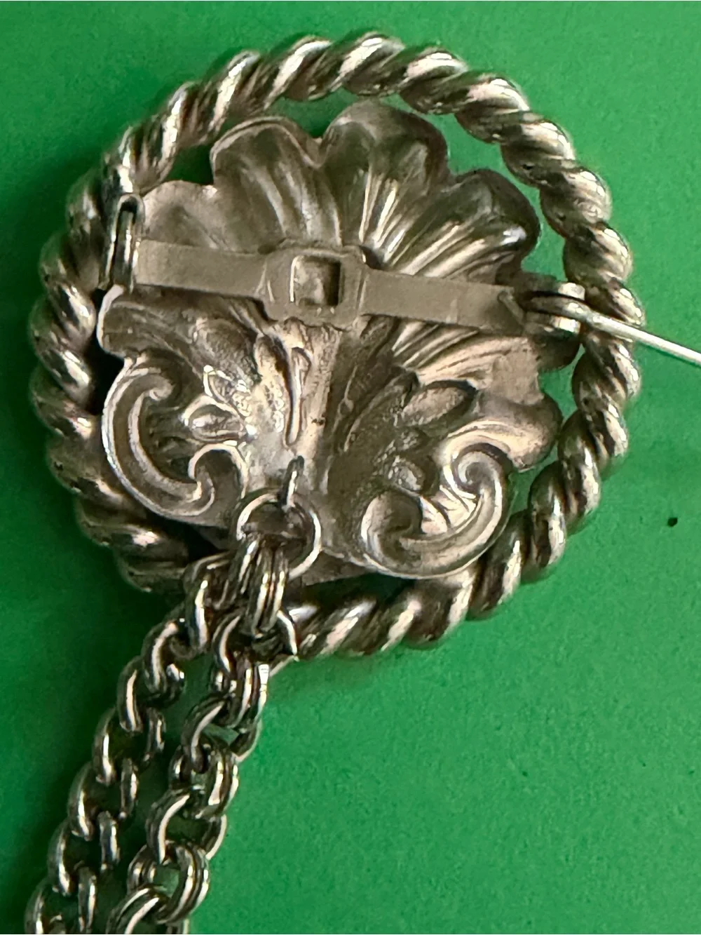 Vintage Heraldic Chatelaine double pin Brooch Silver-tone Green and Blue Enamel